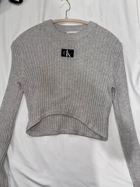 Calvin Klein Gray Ribbed Cropped Crewneck Sweater